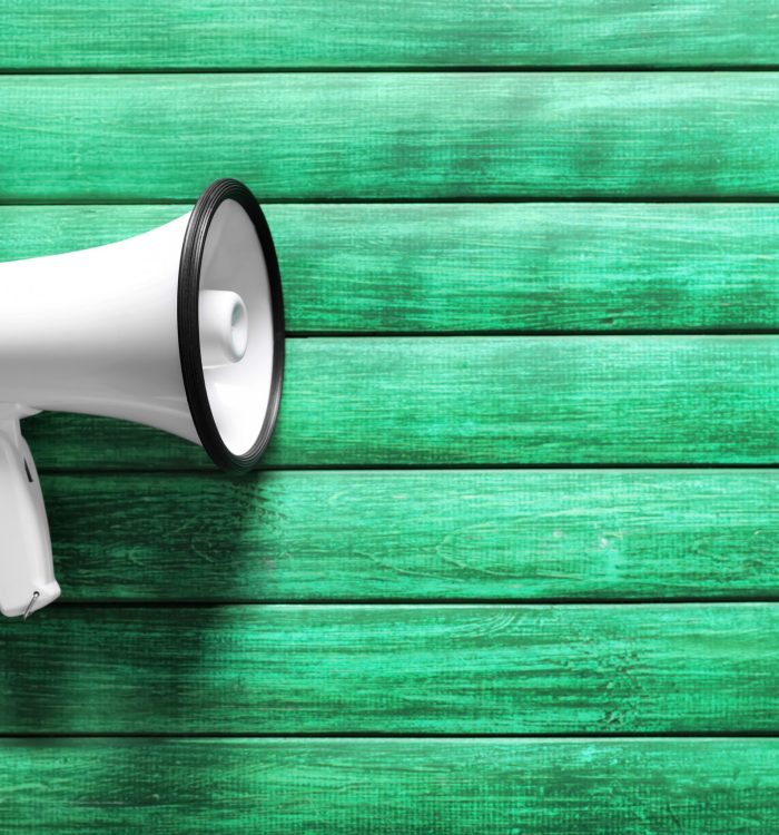 Megaphone on color wooden background